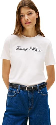 Tommy Hilfiger Donna T-Shirt Maniche Corte Script Regular Scollo Rotondo, Bianco (NOS Ecru), S