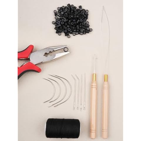 WENNALIFE Sew in Hair Extension Kit Hair Extension Tools, 200 PCS Black Micro Ring Beads, 1 Pulling Needle, 1 Loop Needle, 1 Plier, 1 Thread, 4 Curved Needles, 2 Straight Needles, 2 J-needles Cover