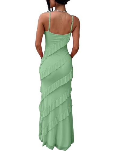 Image of HOCILLE Women's Sexy V Neck Backless Bodycon Spaghetti Strap Elegant Ruffle Maxi Cocktail Party Dresses