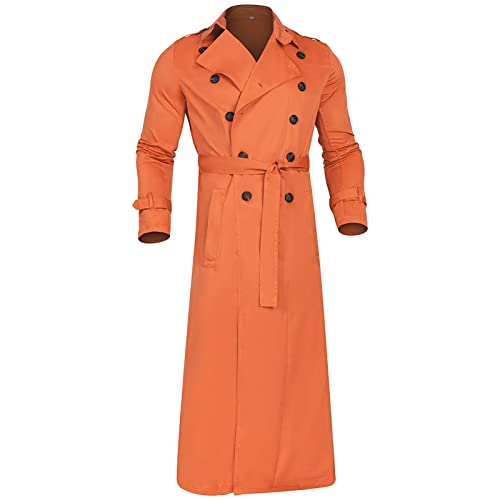 Maiyifu-GJ Mens Lapel Double Breasted Trench Coat Stylish Slim Fit Long Belted Windbreaker Casual Windproof Peacoat Overcoat (Orange,Large)