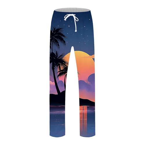 Generic Mens Linen Pants Beach Hawaii Print Casual Summer Casual Pants Elastic Waist Drawstring Baggy Trousers with Pockets, X-Large3