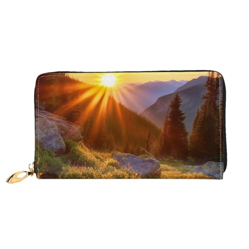Rocky Mountain Sunset Sunshine Leather Wallet for Women Long Coin Purse Ultra Slim Credit Cards Holder Bifold Clutch