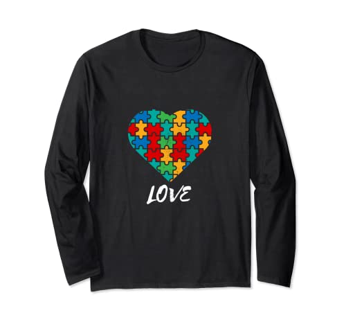 アンティーク調ハート レインボー パズル デザイン Love Autism 長袖Tシャツ