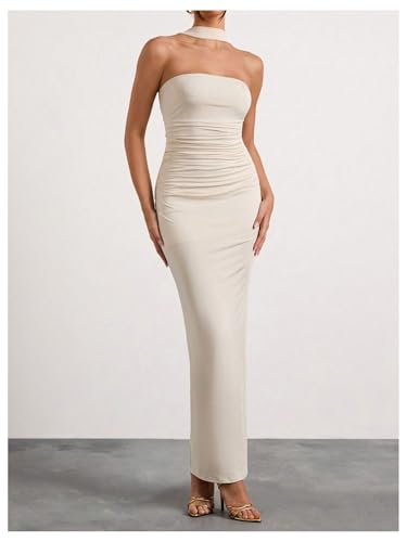 Image of Milumia Women's Halter Neck Ruched Strapless Sleeveless Tube Bodycon Maxi Dresses