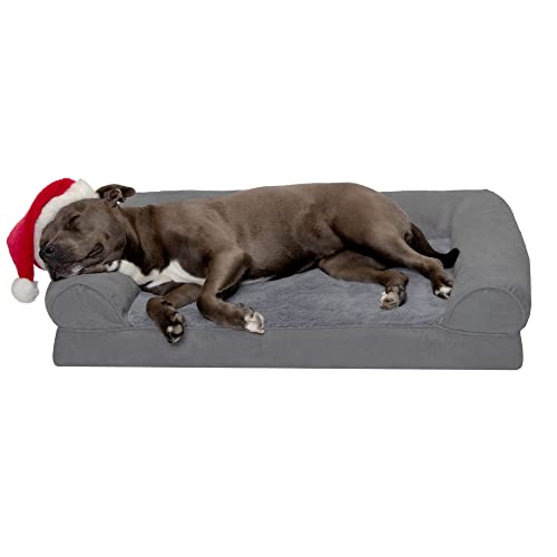 Furhaven Orthopedic Pet Bed for Dogs and Cats - Sofa-Style Plush Fur and Suede Couch Dog Bed with Removable Washable Cover, Gray, Large