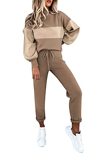 Fixmatti Women Two Piece Sweatsuits Colorblock Sweatshirt Matching Long Pant Jogger Set Tracksuit Khaki L