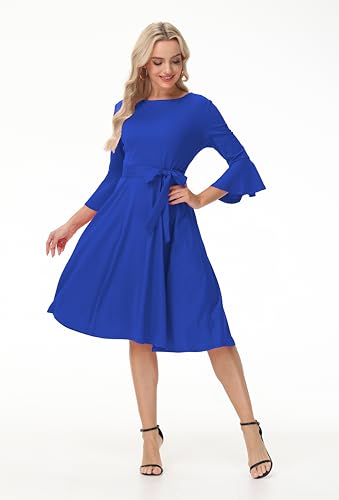 Image of Hostoyo Church Dress for Women Wedding Guest Cocktail Party Dresses Evening Prom Formal Modest Gowns Crew Neck Bell Sleeve