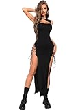 GothDark Black Goth Dress Women's Double High Slit Cut Out Round Neck Party Club Midi Dresses