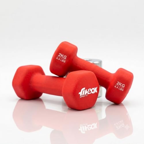 Image of FitBox Sports Premium 4kg (2kg x 2) Neoprene Coated Cast Iron Dumbbells for Exercise & Fitness | Strength Training for Home Gym - Red