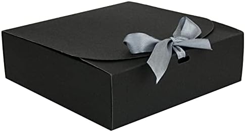 Emartbuy Pack of 12 Square Shaped Presentation Gift Box, 24 cm x 24 cm x 5 cm, Easy Assembly, Black Box with Bow Ribbon