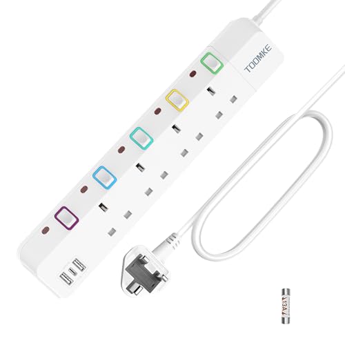 5M Extension Lead with USB Slots 4 Way Multi Plug Extension Socket with 2 USB A and 1 USB C USB Extension Lead with Individual Swithches Power Socket Extension UK Plug 5 Meters Extension Cable