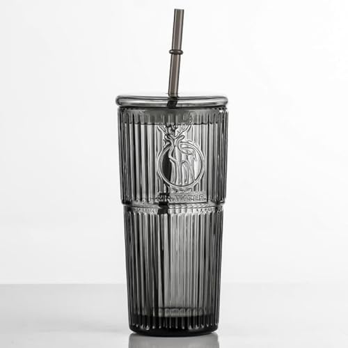 AOBOPO レトロストライプデザイン ガラスストローカップ 550ml 大容量 筒状造型 蓋付き ストロー付き 透明感あふれ ップ・タンブラー兼用 コーヒー・牛乳・飲み物用最適 おしゃれ 卒業祝い・就職祝い・誕生日 贈り物に推奨