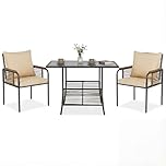 COSTWAY 3 Piece Patio Bistro Set, Wicker Garden Furniture Set with Tempered Glass Table, 2 Rattan Chairs & Cushions, Space-Saving Outdoor Dining Table and Chairs Set for Balcony Backyard Poolside