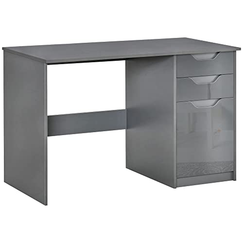 HOMCOM Computer Desk with Drawers, High Gloss Home Office Desk with Storage Cabinet, Study Workstation, 120 x 60cm, Grey
