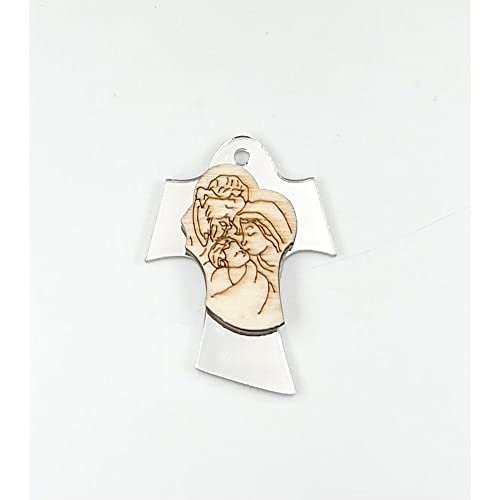 Generico 24X Decorazione BOMBONIERA Croce in plexi Argento con Sacra Famiglia 4cm