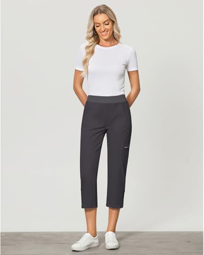 GRAPENT Capri Cargo Pants for Women High Waisted Pull On Elastic Waist Stretch Twill Fold Hem Capris Pants with Pockets4