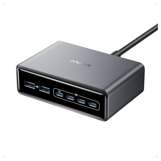 Chargeur USB C Anker Prime GaN 200W, Station de Recharge 6 Ports GaN 200 W, Chargeur de Bureau Rapide USB-C PD, pour iPhone 16/16 Plus/16 Pro Max/15/14/13/12/11, Samsung, MacBook, Dell et Autres