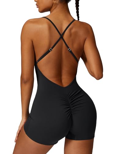 Ecupper Damen Jumpsuits Sommer Einteiler Ärmellos Gym Rompers Rückenfrei Tummy Control Yoga Bodysuit Workout Bodycon Schwarz S