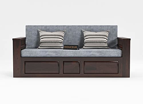 Image of Douceur Furnitures Solid Sheesham Wooden Sofa Cum Bed Queen Size with Storage for Living Room | Wooden Foldable 3 Seater Sofa Cum Bed with Headboard Folding Double Bed for Home Bedroom (Walnut)