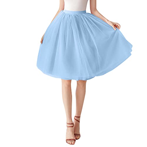 Hellblau Tüllrock Damen Tutu Rock Midi Petticoat Hoch Taillierter A Linien Rockabilly Petticoat Mesh-Chiffon-Faltenrock Karneval Kostüm Tanzrock...