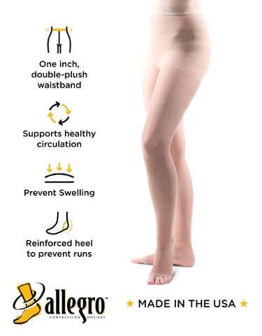 Image of Allegro Women's Sheer Compression Pantyhose 15-20mmHg Open Toe Support Hose | Light control top with soft double-plush waistband, reciprocated heel and ventilated crotch for comfortable everyday wear