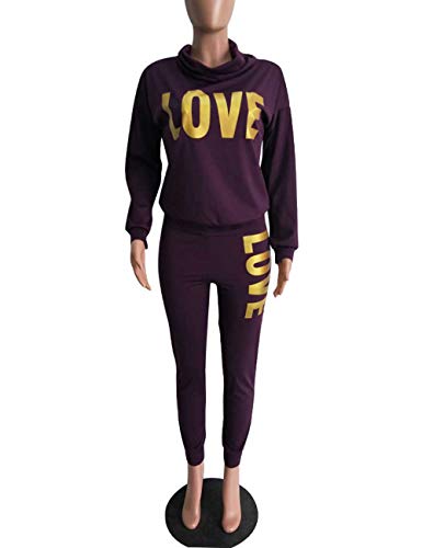 Women Casual Sport Cowl Neck Sweatshirt Long Skinny Pant Set Letter Print 2 Piece Tracksuit Purple 2Xl #TOP2