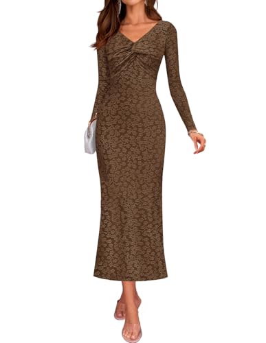 ZESICA Women's Fall Floral Long Sleeve Bodycon Dress 2025 Elegant V Neck Cocktail Party Long Midi Dresses