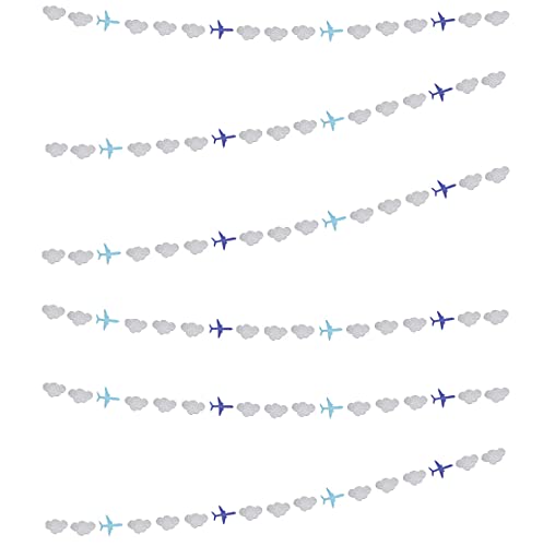 Lauthen.S Airplane Clouds Garland, 6pcs Glitter Plane Paper Garland Decorations for Birthday Backdrop Aviation Airplane Themed Baby Shower Party Supplies Classroom Home Decor