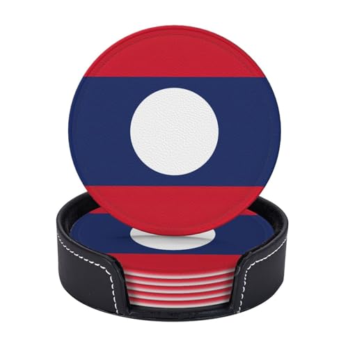 Lot de 6 sous-verres ronds en cuir synthétique avec support, motif drapeau du Laos