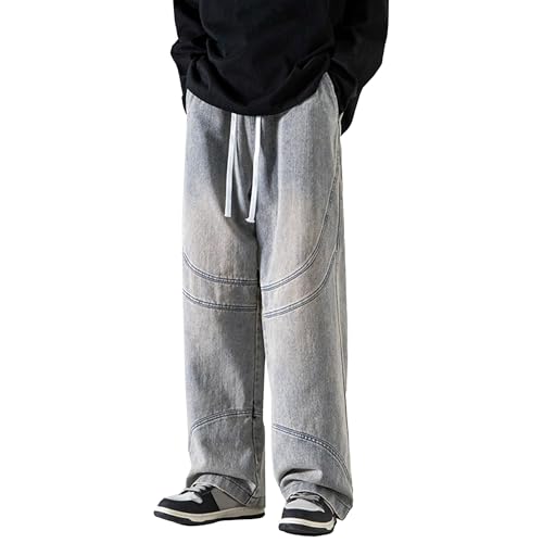 Mens Baggy Jeans Vintage Relaxed Straight Leg Denim Pants Hip Hop Loose Fit Elastic Waist Distressed Trousers
