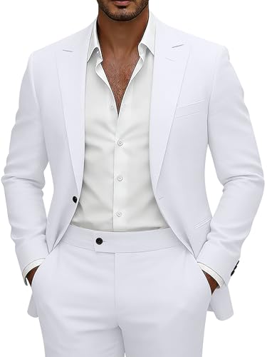 Men Suits Slim Fit 2 Piece White Dress Suit Blazer Solid Jacket Pant Set Business Suit Wedding Groom Prom Tuxedo M