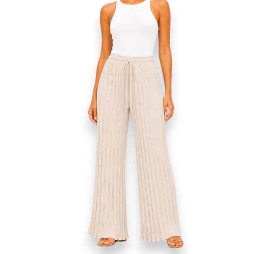 Damen Weite Plisseehose Sommer Viskose Einheitsgröße Made in Italy (Beige)