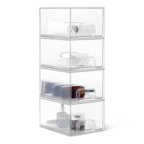 Amazon Basics Stapelbare Aufbewahrungsschubladen aus Kunststoff Aufbewahrungsbox Make-up-Organizer Transparent 19 1cm x 15 2cm x 11 4cm 4er-Pack