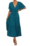 R.Vivimos Summer Dress for Women Cotton Ruffle Short Sleeves V Neck Casual Flowy Midi Dress with Belt (Small, Teal-Shortsleeve)