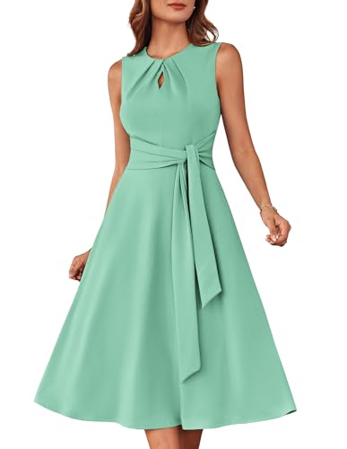 Ärmelloses A-Linien-Kleid mit Rundhalsausschnitt und Gürtel Hellgrün 2XL