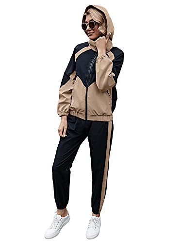 Sweatyrocks Women's 2 Piece Outfits Long Sleeve Full Zip Jacket And Pants Tracksuit Set Khaki Black S #TOP3