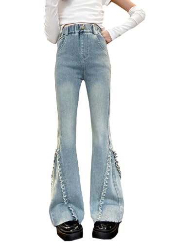 Girls Solid Colored Flare Bell Bottom Jeans Kids High Waist Cute Frayed Hem Flared Denim Pants