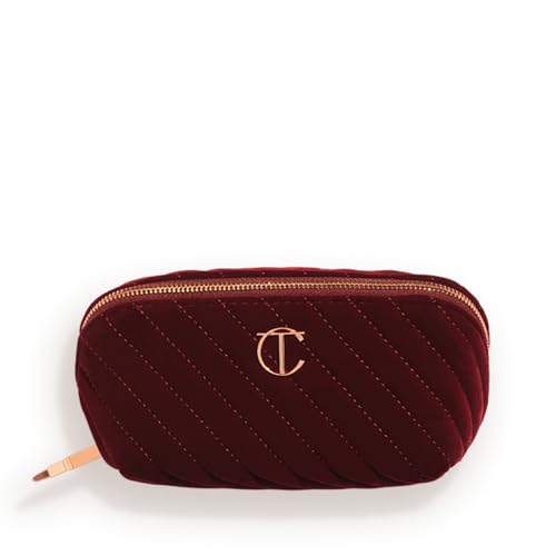 Charlotte Tilbury Medium Travel Makeup Bag of My Dreams - Quilted Velvet Skincare Fragrance & Cosmetic Organizer with 3 Compartments & Zip Pocket - Iconic Night Crimson Toiletry Bag