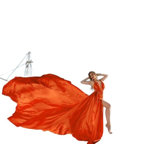 Orange Long FlyingDress for Photoshoot Flying Satin Backless Flowy Dress Beach Photoshoot Dress Asymmetrical Flying Dresses