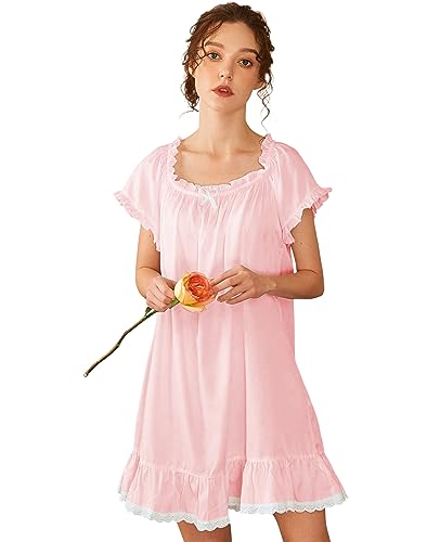 Image of Nanxson Women's Cotton Nightgown Short Sleeve Sleepwear Vintage Nightshirt | Summer Victorian Sleepdress,White Sleepshirt,U Neck Lace Loungewear,Soft Nightshirt,Loose Loungedress,Bride Nightwear