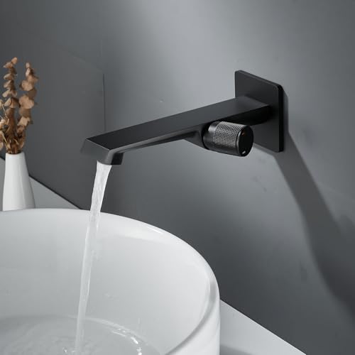 PHASAT Robinet Lavabo Salle de Bain Noir, Mitigeur Lavabo Encastré 1 Trous, Robinet Mural Salle de Bain Avec bec Prolongé PTMP10B
