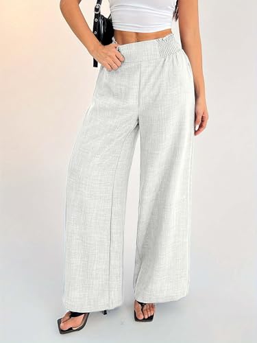 Image of Sugathari Women's Casual Wide Leg Pants - High Waist Elastic Waistband Loose Fit Long Trousers | Lightweight Straight Leg Summer PantsTrouser 254