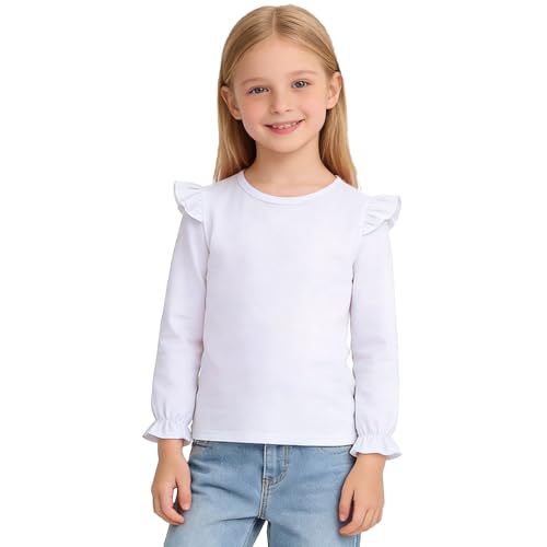 Magic Park 12M-14Y Toddler Girl Long Sleeve Blouse Kids Solid Color Tee Little Girls Ruffle Cuffs T-Shirts Winter Casual Tops (Long White Tee 6-7 Years)