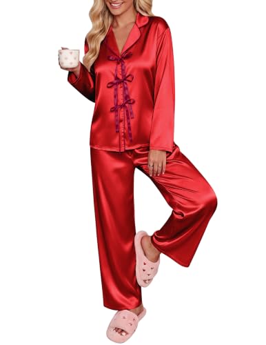 Ekouaer Women's Satin Bow-Tie V-Neck Long-Sleeve Pajama Set (various) $10.99 + Free Shipping w/ Prime or on $35+ + 63% Off Code C50MY1SF Prime - image 1