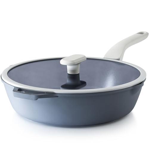PRICUSIS Ceramic Nonstick Deep Saute Pan with Lid, 10/12 Inch Non Toxic Pans with Double Pour Spout,...
