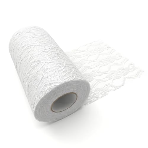 Chemin de Table en Dentelle 15 cm x 22,8 m - Rouleau de Dentelle Vintage pour Décoration de Table, Mariage, Baptême, Anniversaire et Fête - Ruban Dentelle à Couper, Blanc