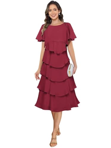 Tea Length Mother of The Bride Dresses for Wedding with Sleeve Chiffon Tiered Formal Evening Dresses