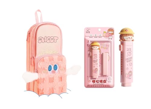 Image of Kawaii Cute Sweet Pink Pencil Pouch with Peach Cake Push Pull Eraser Set for Girls Cartoon Plush Stationery Combo for School & Office Use Adorable Zipper Pen Case Creative Eraser
