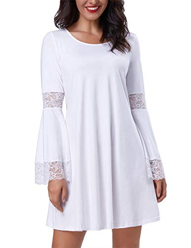 Kate Kasin Women Round Neck Long Sleeve Swing Casual Dresses Cotton White S,KK761-2