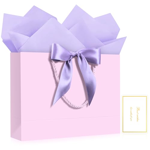 Image of JMANNI Gift Bags with Handles, 13 inch Medium Gift Bag for Presents, 1 Pcs Bags with 2 Tissue Paper and 1 Cards for Baby Shower Wedding Bridal Shower Mother's Day Birthday Party (light purple